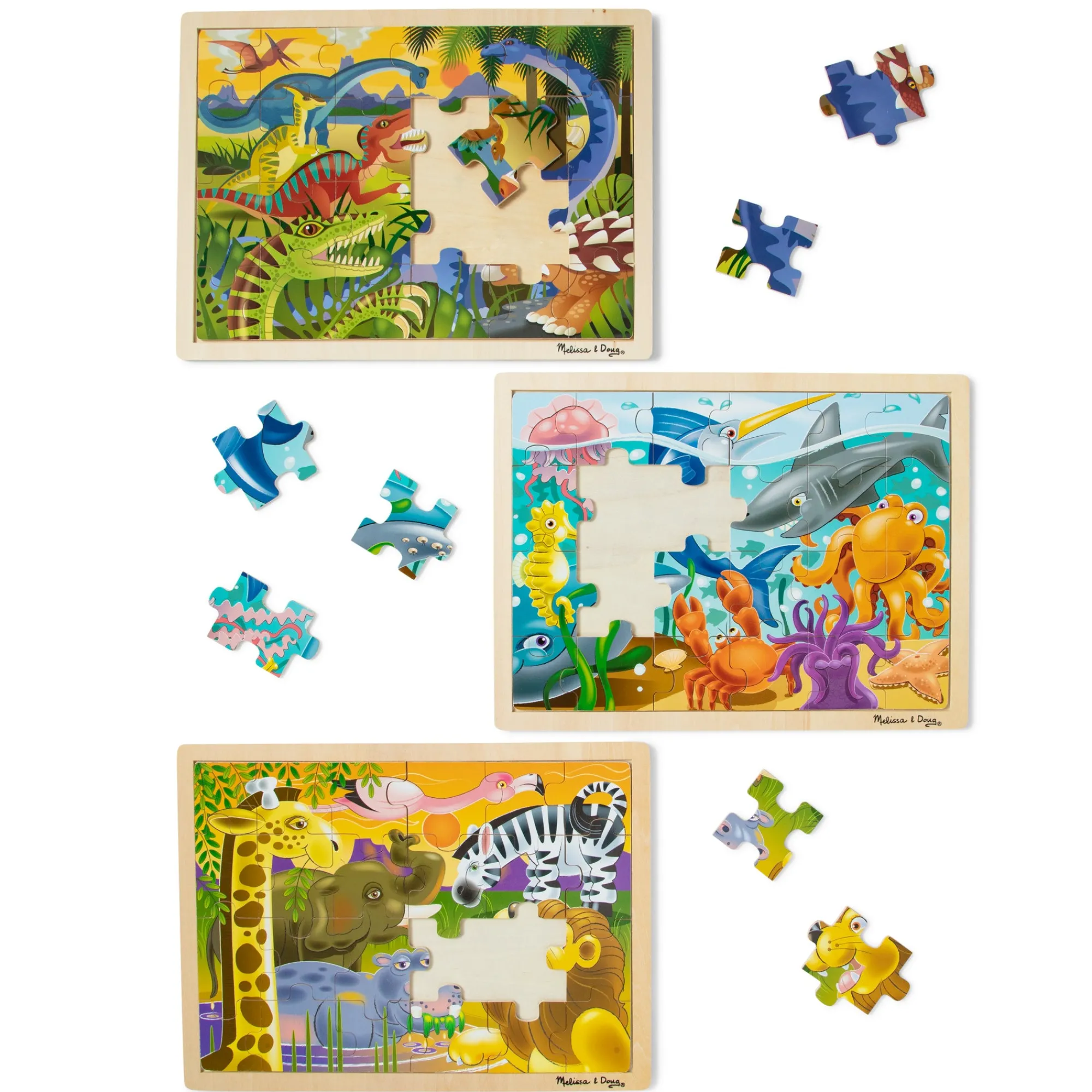 Wooden Jigsaw Puzzle 3-Pack: Dinosaur, African Plains, Under the Sea>Melissa & Doug Hot