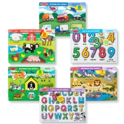 Wooden Peg Puzzle 6-Pack: Vehicles, Numbers, Safari, Farm, Pets, Alphabet>Melissa & Doug Hot
