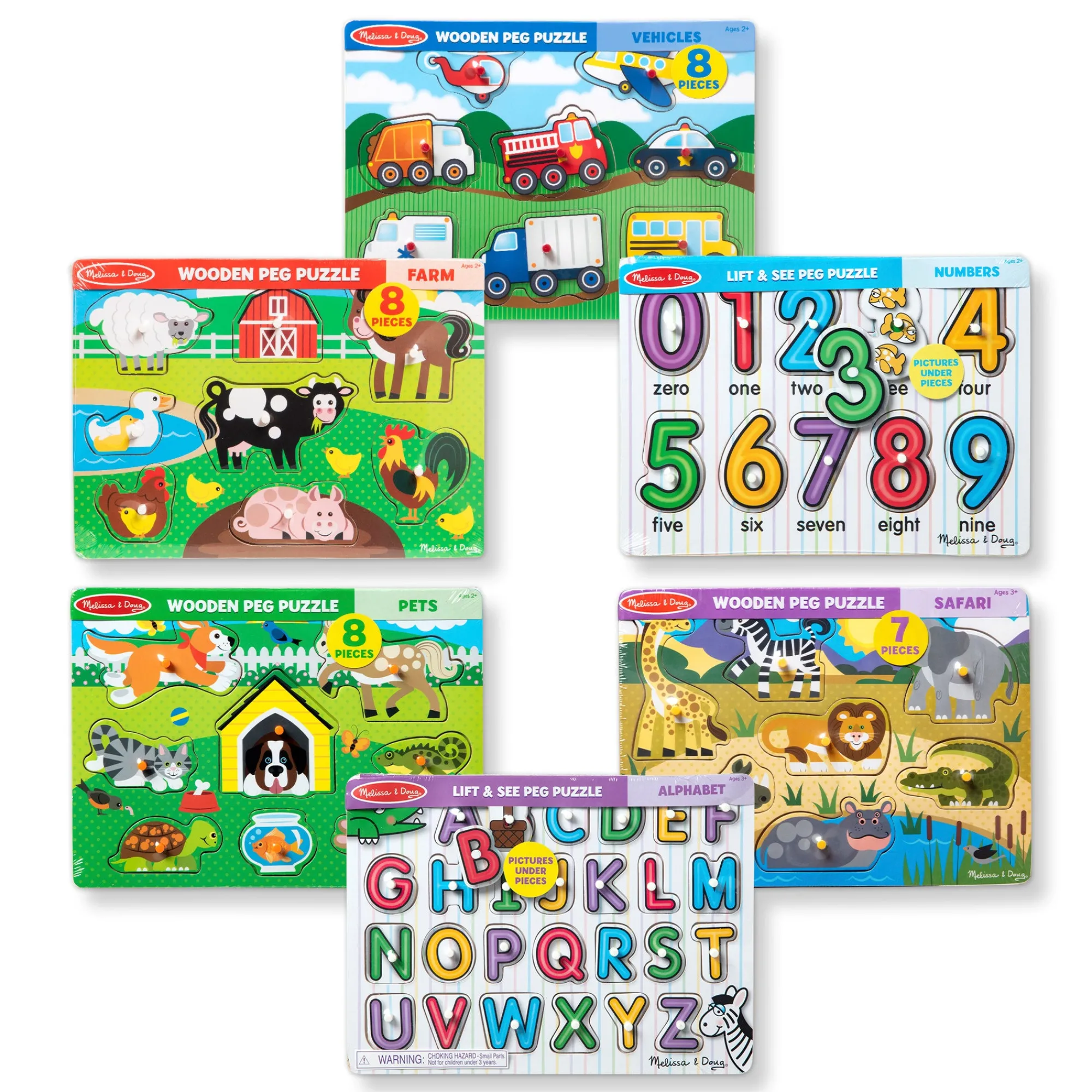 Wooden Peg Puzzle 6-Pack: Vehicles, Numbers, Safari, Farm, Pets, Alphabet>Melissa & Doug Hot